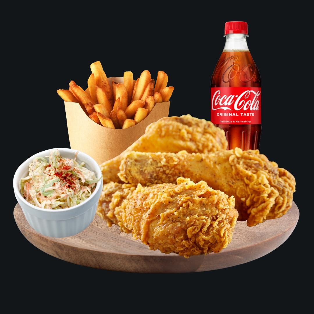 3 Pcs Chicken with chips, soda & coleslaw